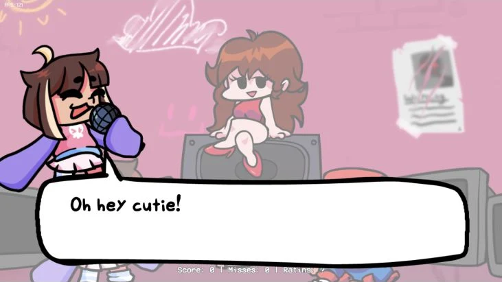 QT greeting Boyfriend in the original mod's pink alley scene