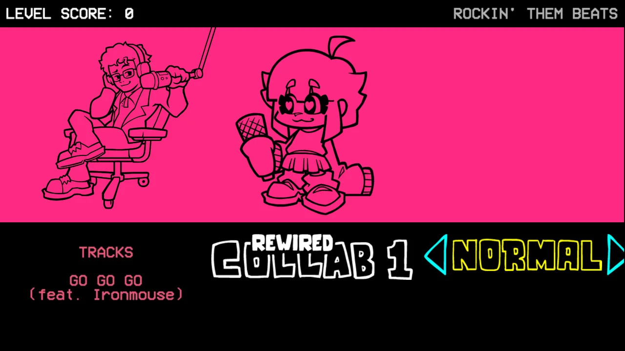 Rewired Collab 1 week showing GO GO GO feat. Ironmouse and left and right arrows beside Normal difficulty